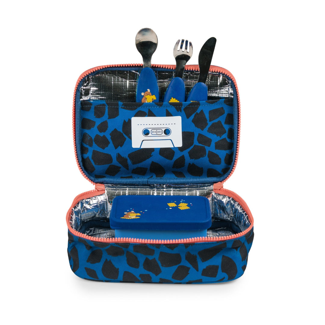Blue leopard print lunch bag with cutlery and container on a white background
