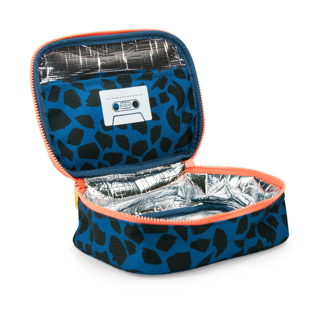 Insulated lunch bag with blue pattern and orange trim on a white background