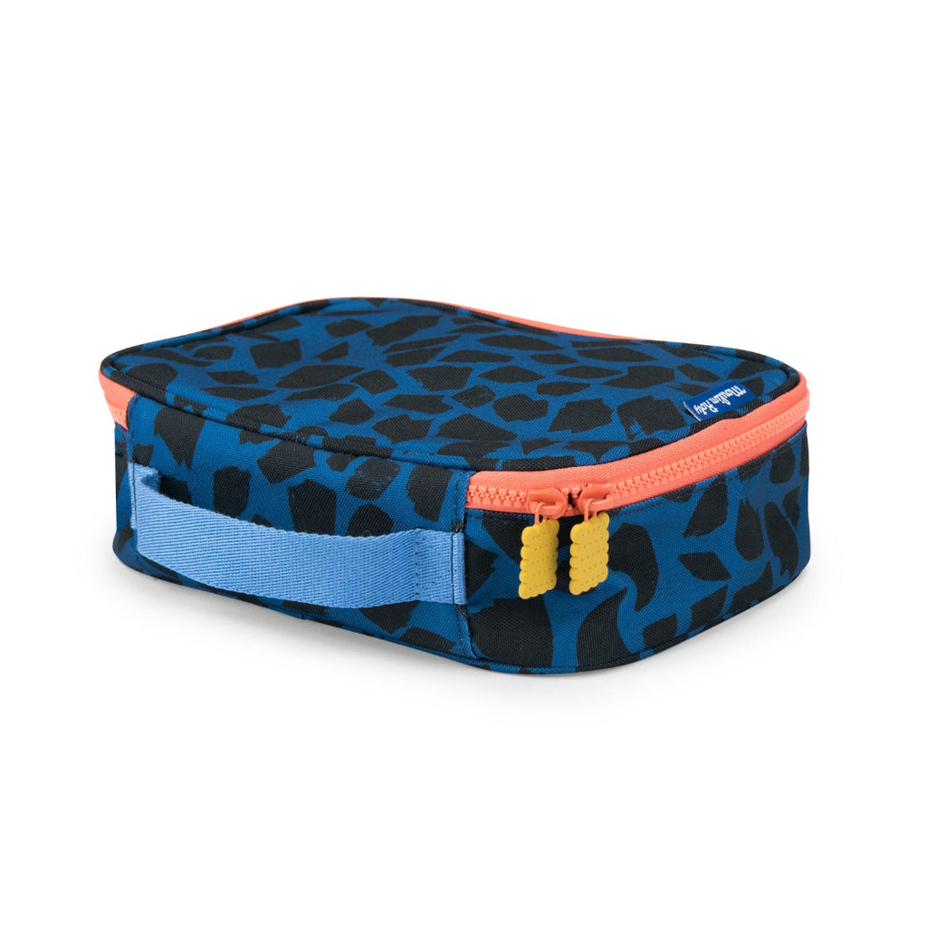 Blue and black patterned rectangular lunch bag with coral coloured zipper and blue strap on a white background