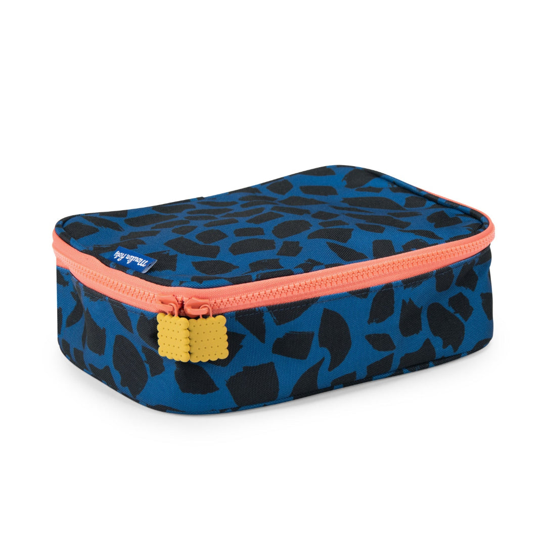 Blue lunch bag with black pattern and coral zipper on a white background