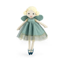 large fabric fairy doll with jade green sparkle dress, blond hair and green wings