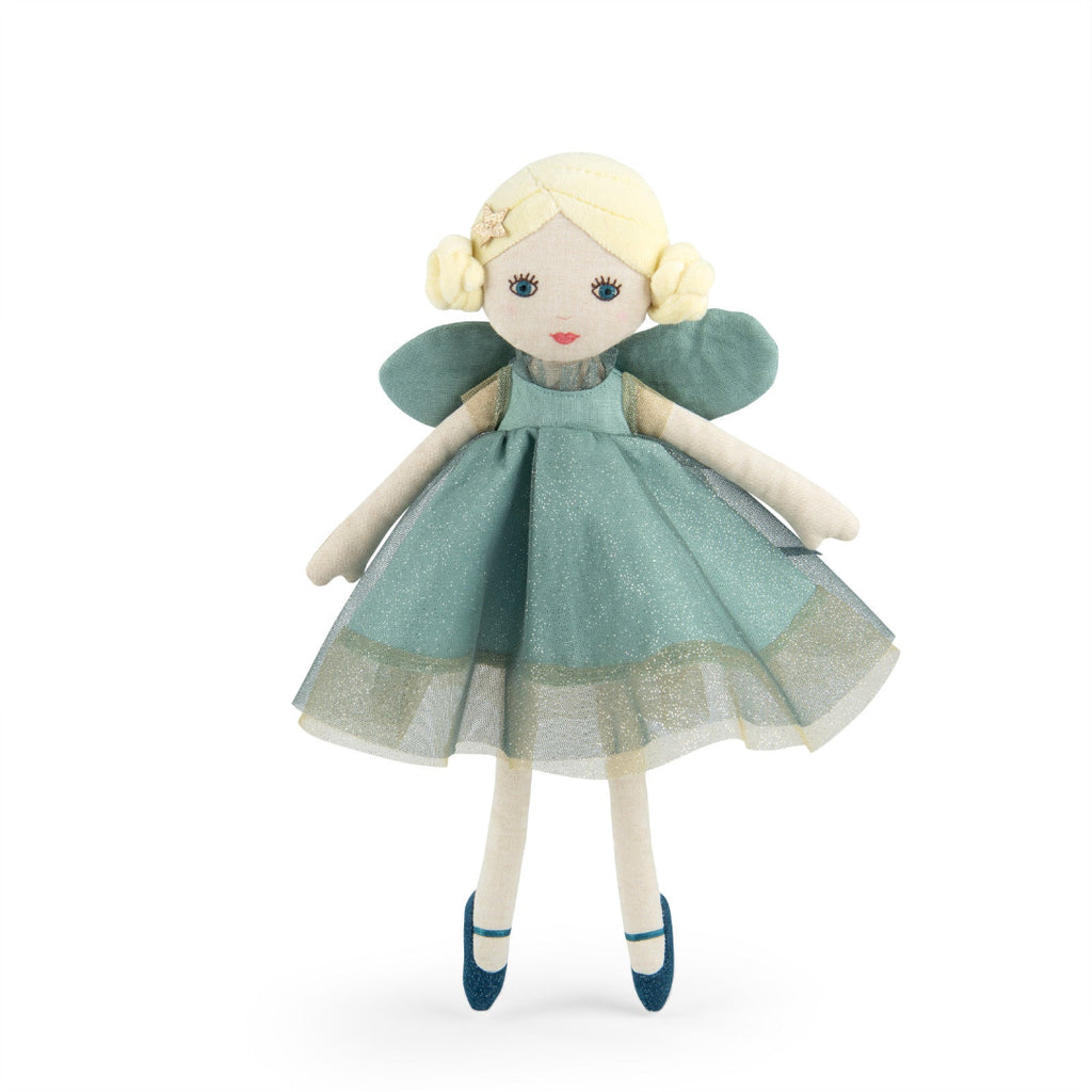 Plush doll with a green dress on a white background