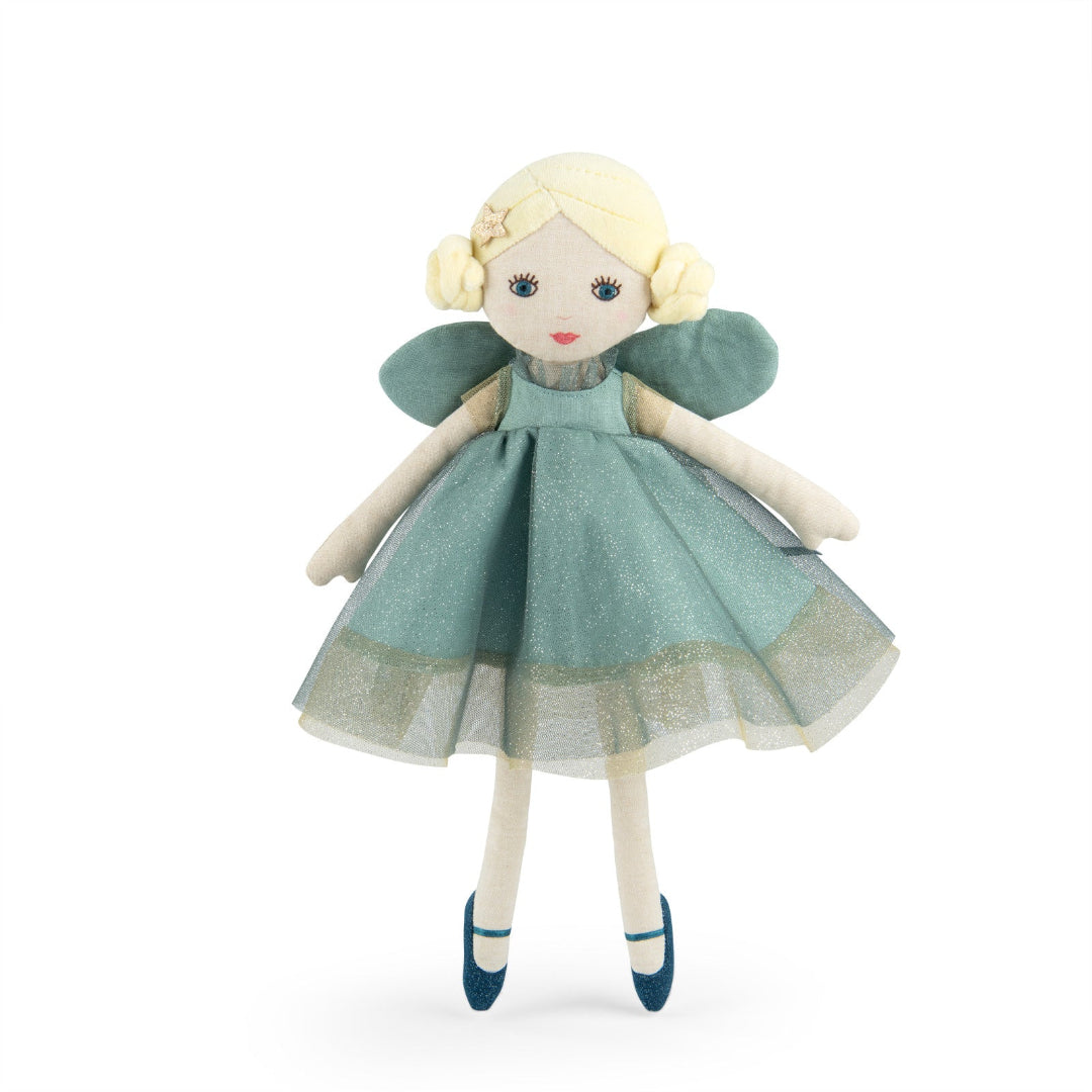 Plush doll with a green dress on a white background