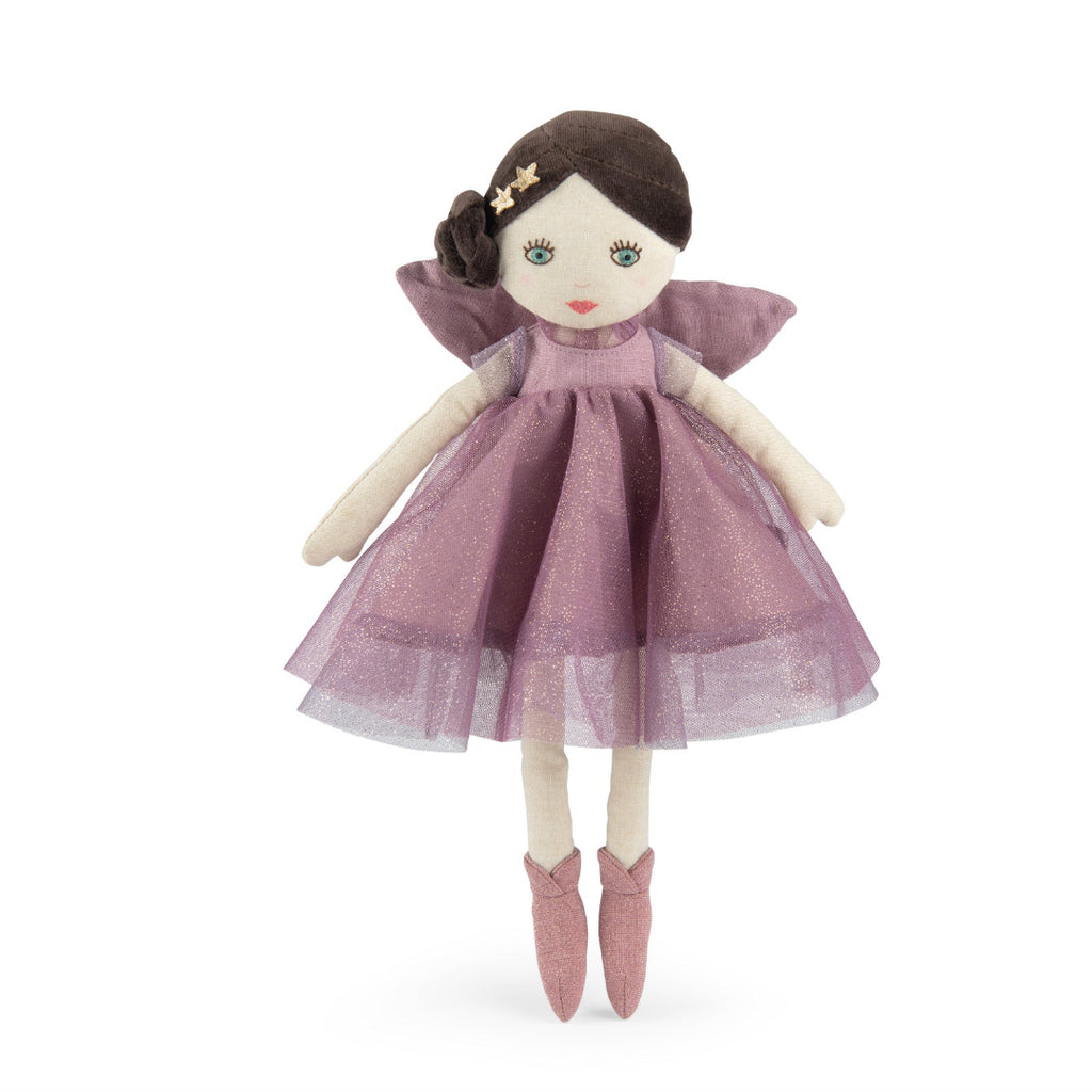 Doll in a purple dress with a white background