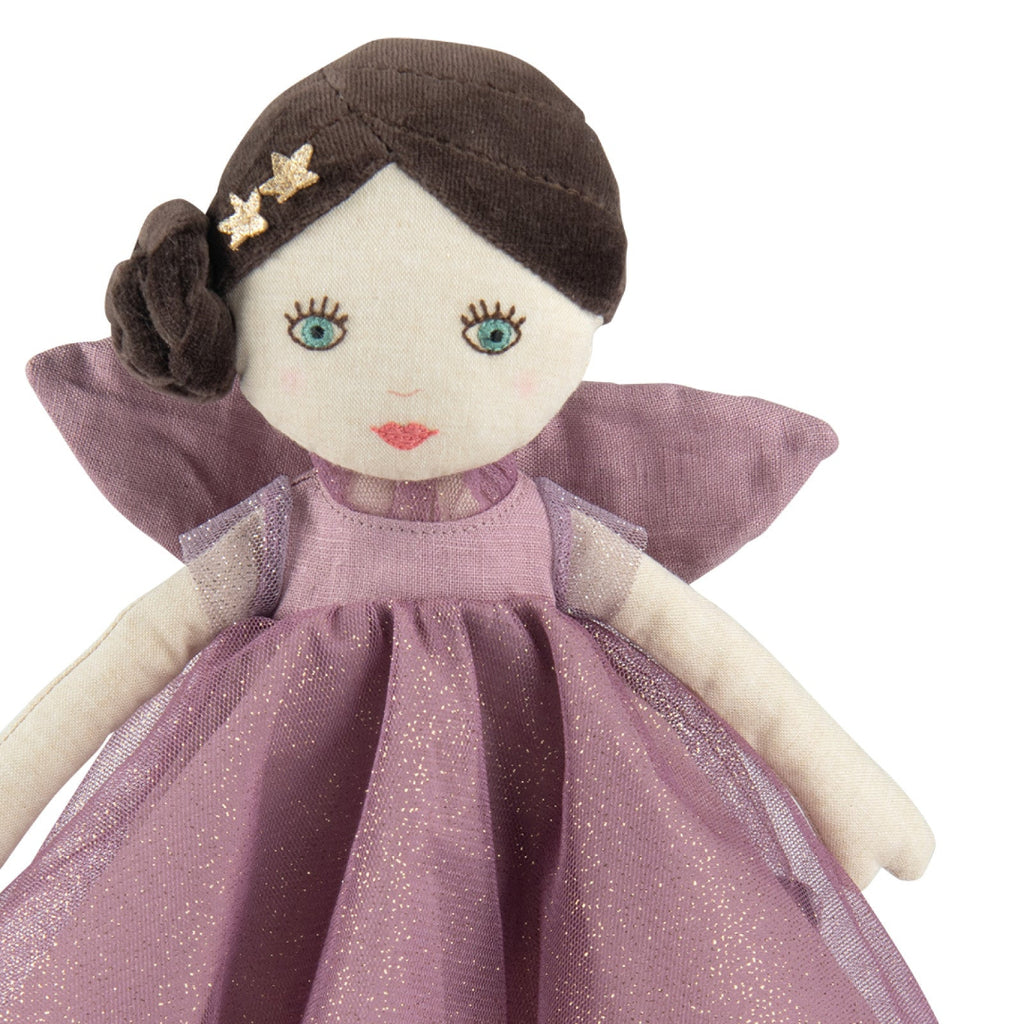 Fairy doll with a purple dress and brown hair on a white background