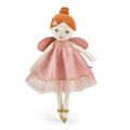 Toy fairy doll with orange hair and a pink dress on a white background