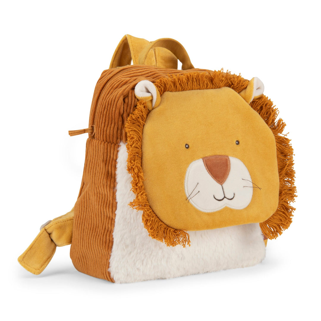 Children's backpack designed like a lion on a white background