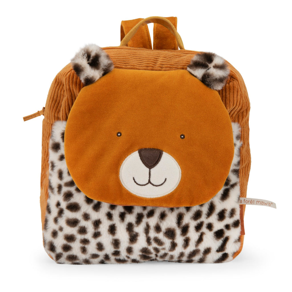 Children's backpack with a Leopard face design on a white background
