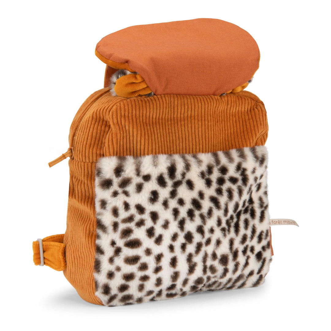 Brown backpack with a leopard print pocket on a white background