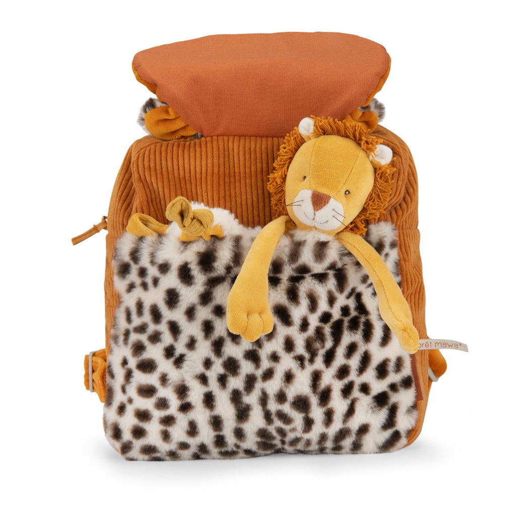 Backpack with plush lion toy in pocket and leopard pattern on a white background