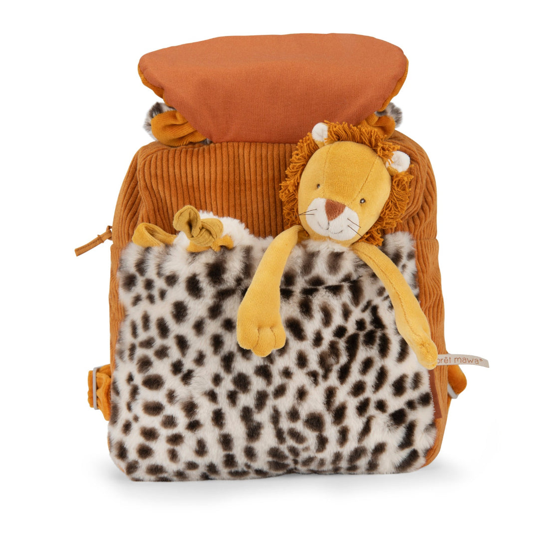 Backpack with plush lion toy in pocket and leopard pattern on a white background