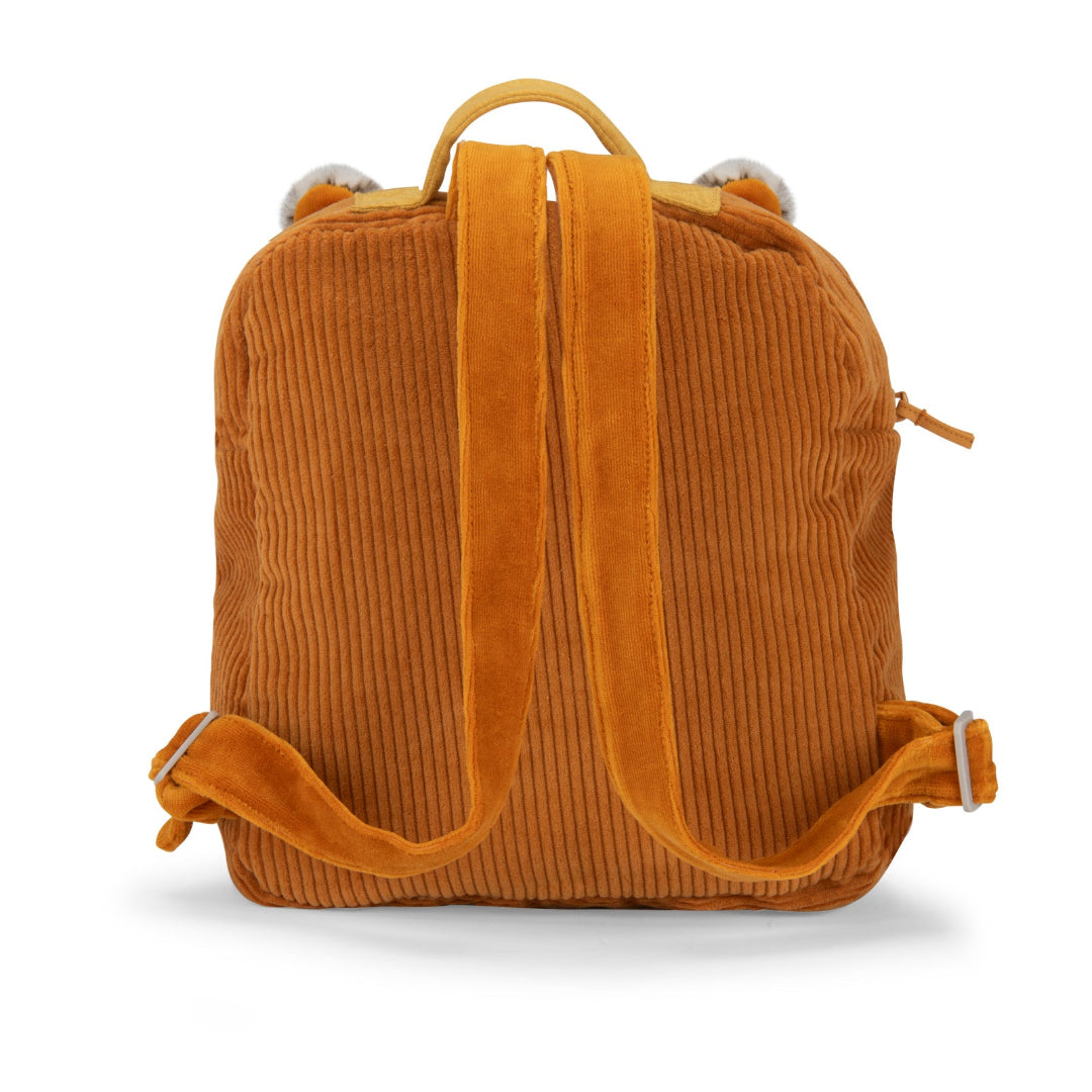 Brown corduroy backpack back on a white background