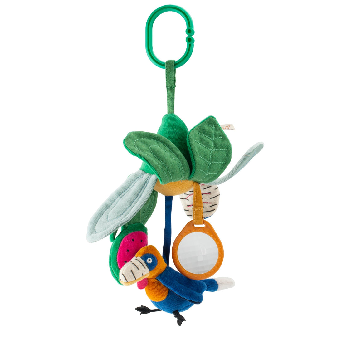 Plush baby activity toy with leaves, butterfly, and bird on a white background