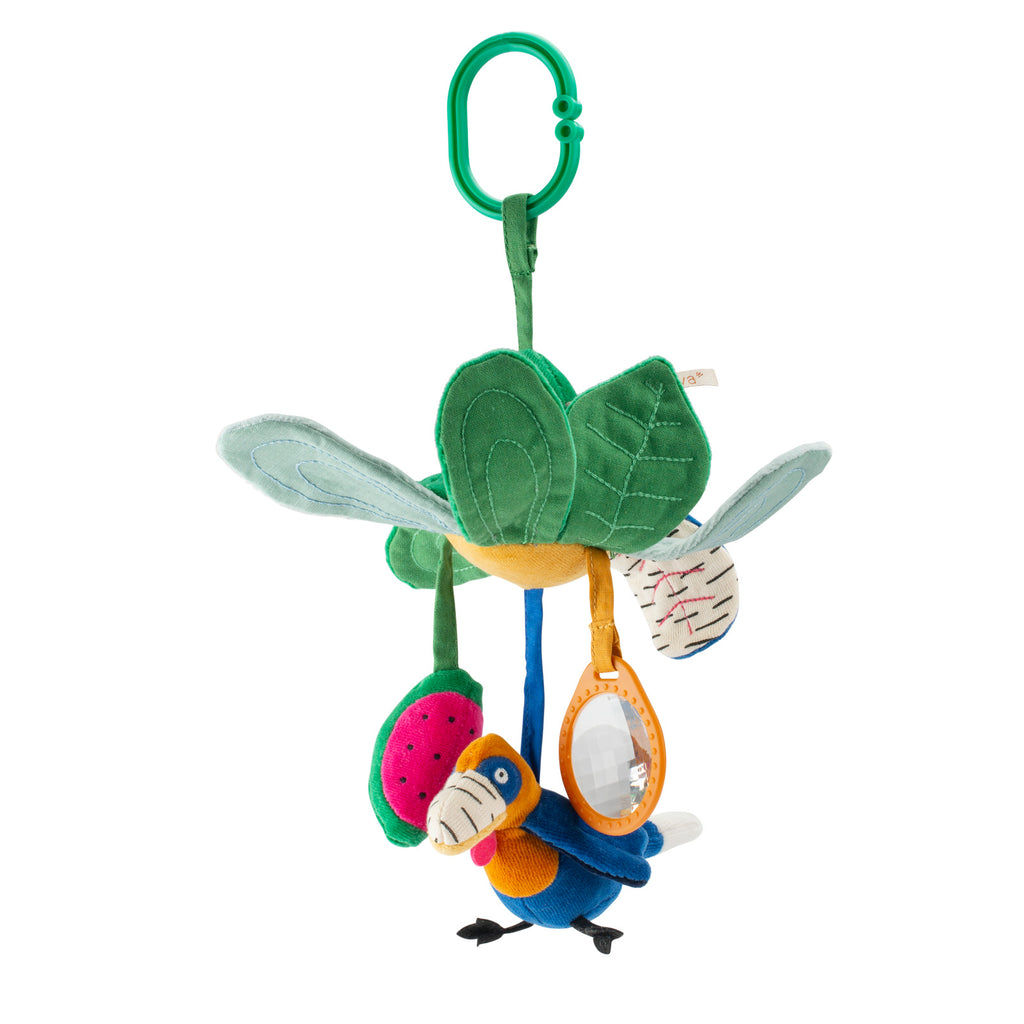 Colorful children's toy with leaf, fruit and bird design on a white background