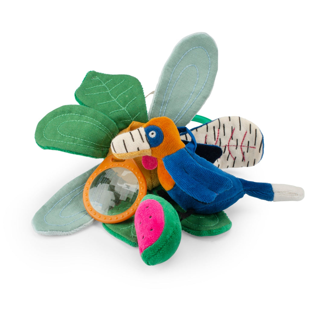Colorful bird-shaped toy with green leaves on a white background