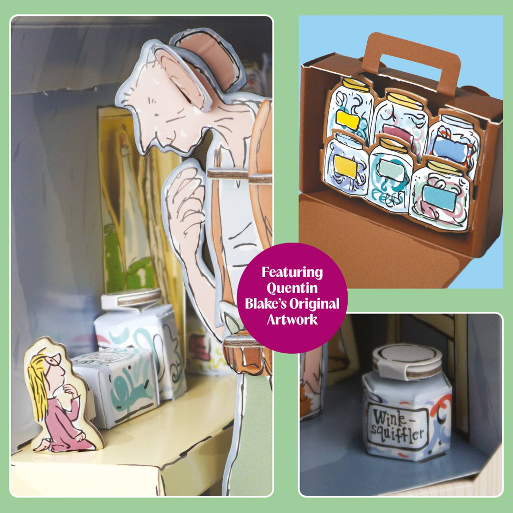 A collage showing miniature paper-art displays inspired by Quentin Blake's original artwork, including a stylized figure, small illustrated boxes, and a jar labeled 'Wine Sniffer.' A pink circular badge reads 'Featuring Quentin Blake's Original Artwork.