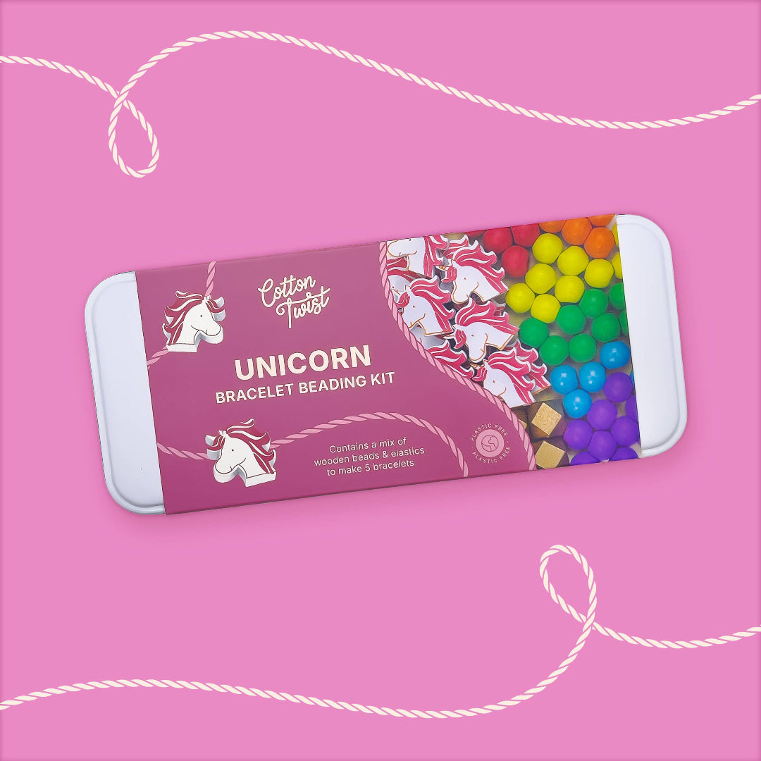 Unicorn bracelet beading kit packaging on a pink background