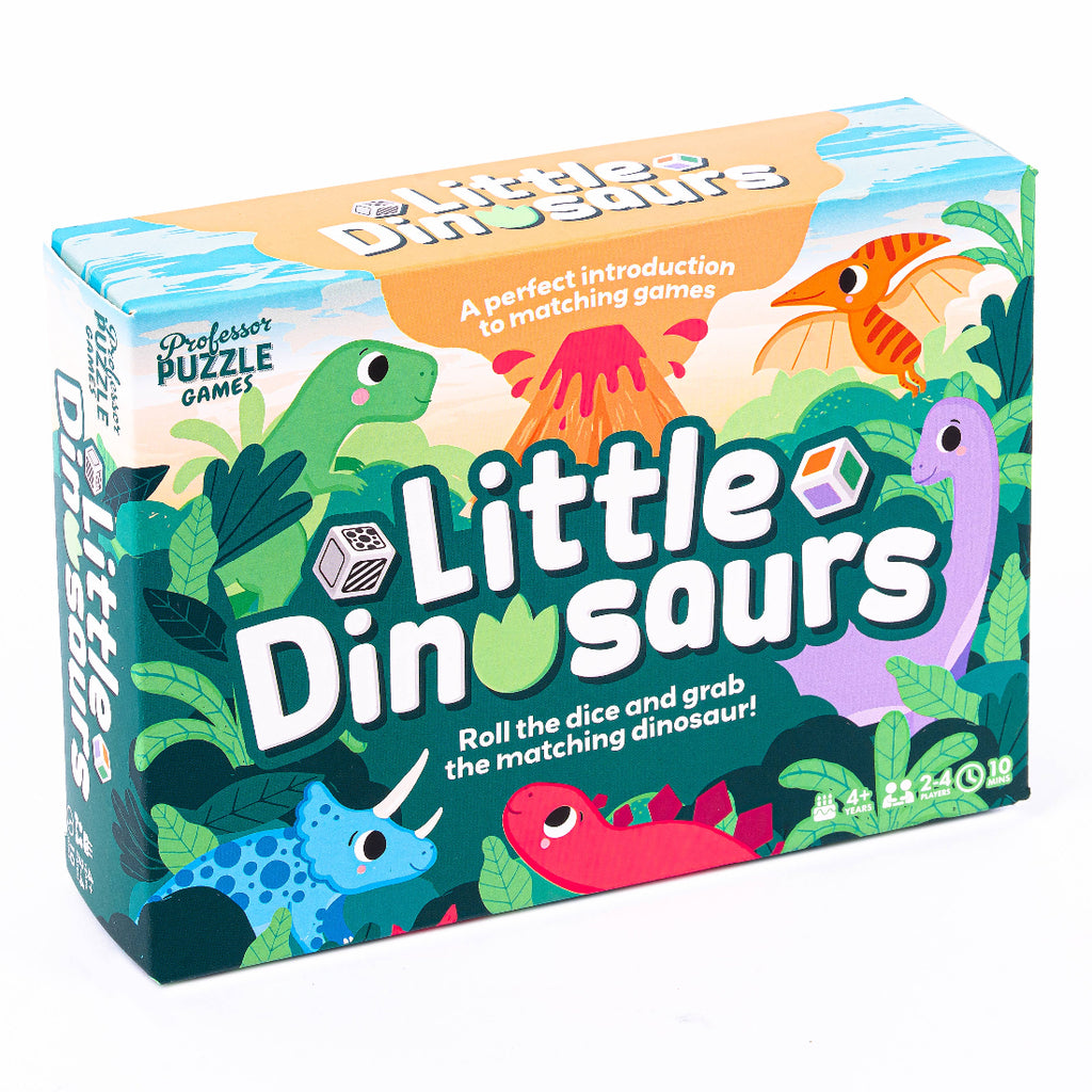 Box of 'Little Dinosaurs' matching game with colorful dinosaur illustrations on a white background