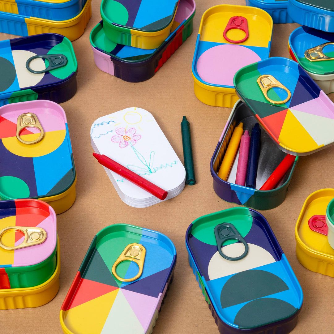 Block Design Tinned Goods kids' travel art set with wax crayons and a drawing pad in a colourful tin, image 4