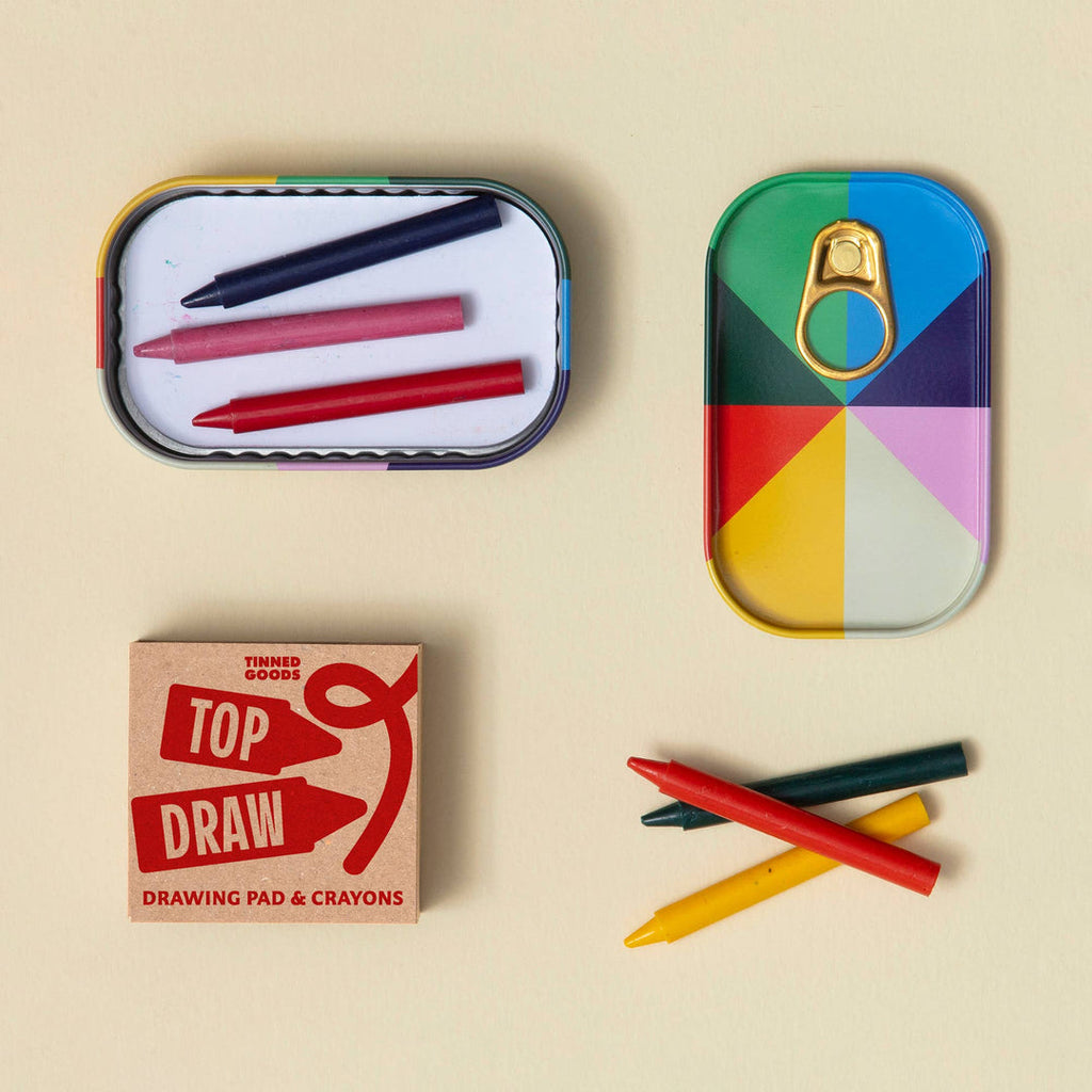Block Design Tinned Goods kids' travel art set with wax crayons and a drawing pad in a colourful tin, image 2