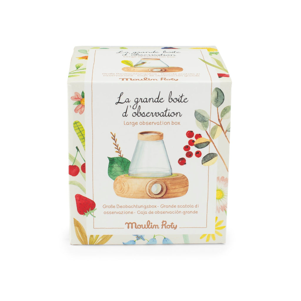 Moulin Roty observation box packaging with botanical design on a white background