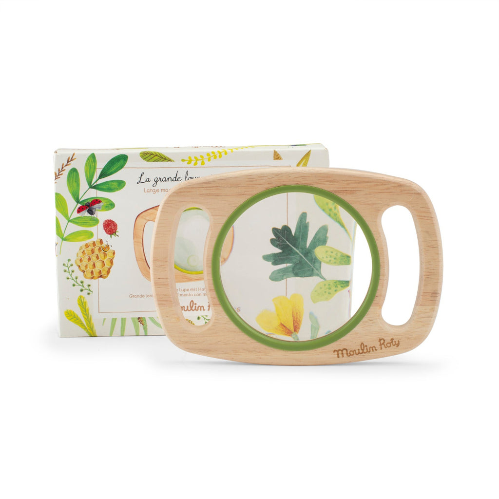 Wooden Large Magnifying Glass circular design and packaging featuring nature-themed illustrations on a white background.