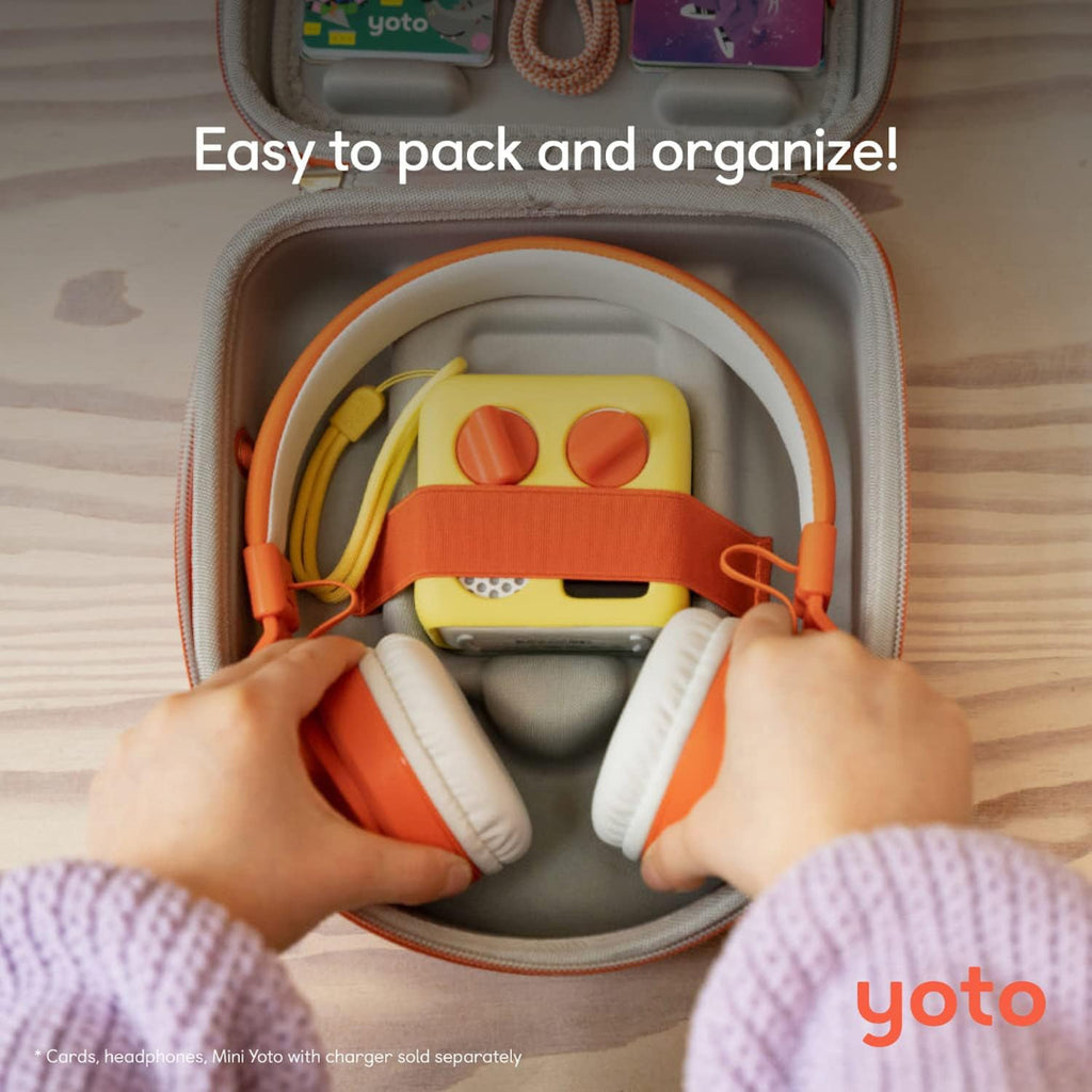 Children's headphones and toy radio in a Yoto case with text 'Easy to pack and organize!'.