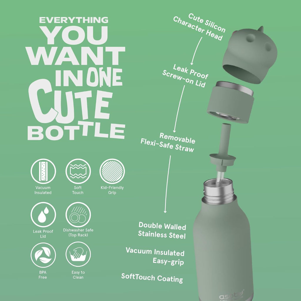 Green water bottle with features highlighted on a green background