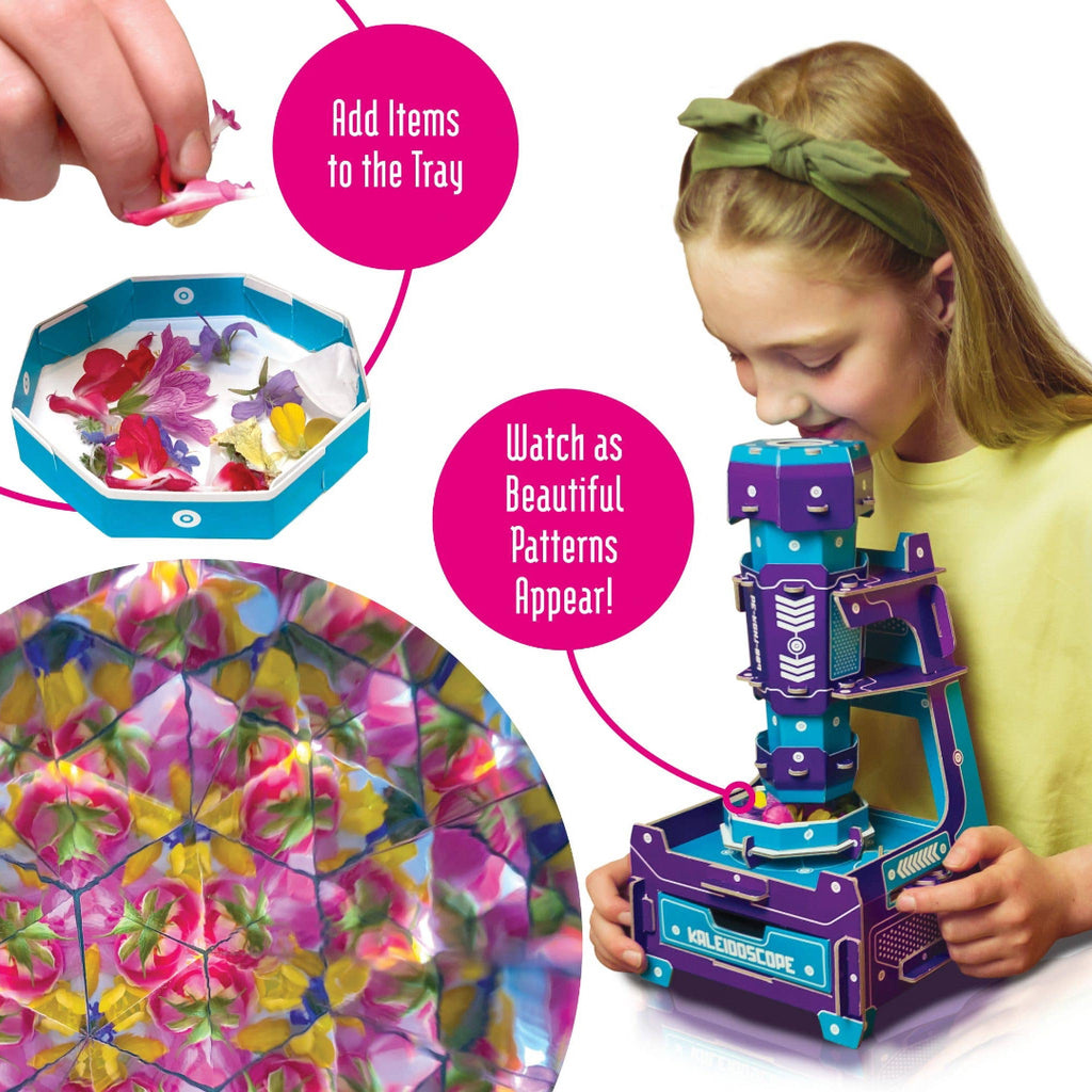 Child playing with a colorful pattern-making toy, surrounded by text instructions.
