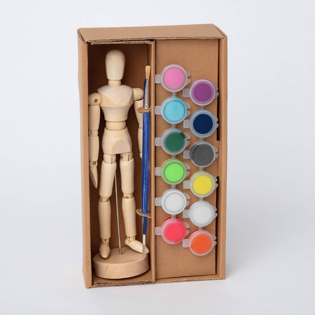 Block Design Paint and Pose kit, a wooden artist's mannequin with 12 paint colours and two brushes, image 3