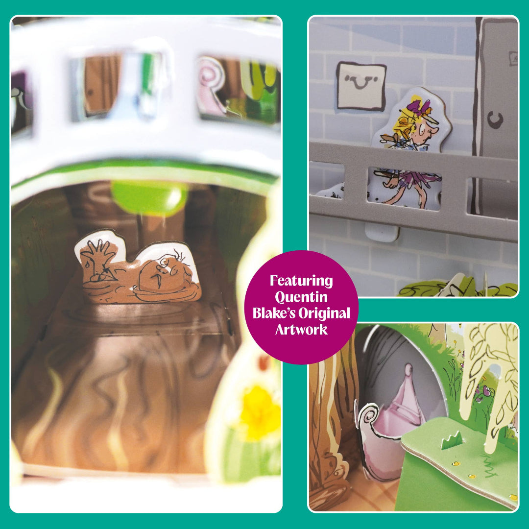 A collage showing a children's wooden toy house set with illustrated stickers and accessories. The left panel shows the toy house interior with a brown animal figure and a green ball.