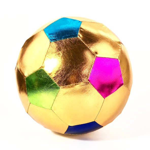 Gold soccer ball with colorful hexagonal panels on a white background