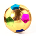 Gold soccer ball with colorful hexagonal panels on a white background