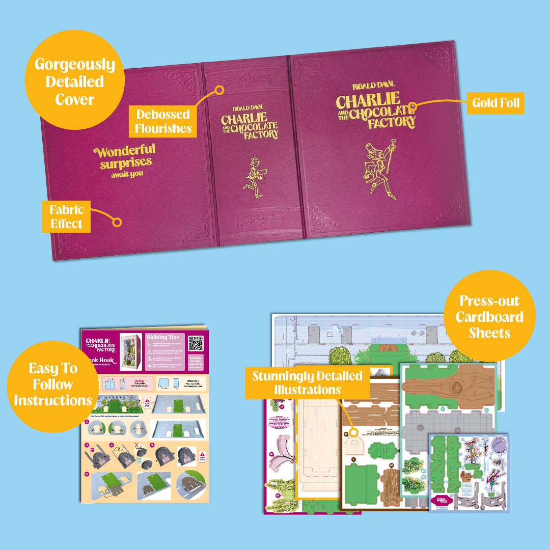 A children's activity book set for 'Wonderful Charlie and the Chocolate Factory' shown on a light blue background with callout labels pointing to the decorated cover, fabric effect, cardboard sheets, and included instruction sheets.