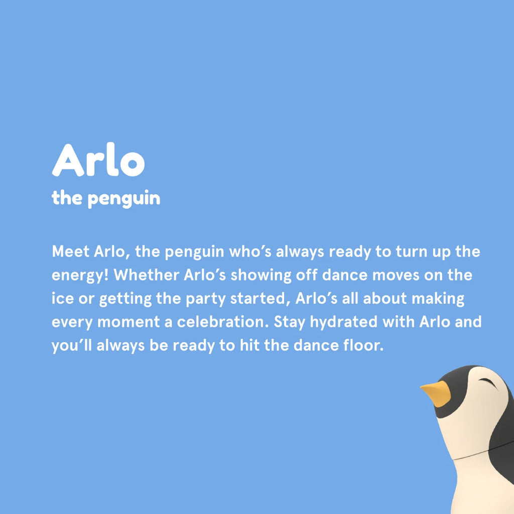 Promotional graphic for Arlo the penguin with text on a blue background