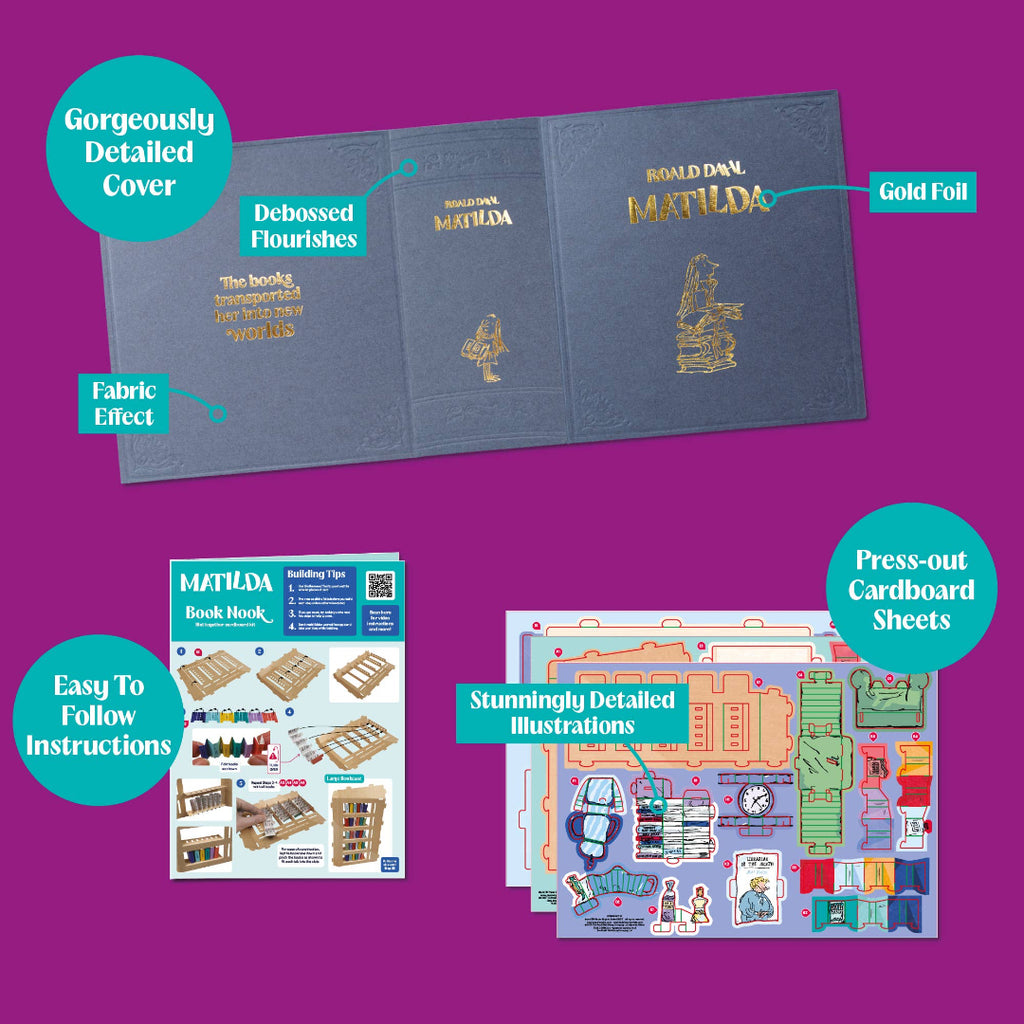 Detailed view of a book with gold foil, debossed flourishes, and fabric effect on a purple background.
