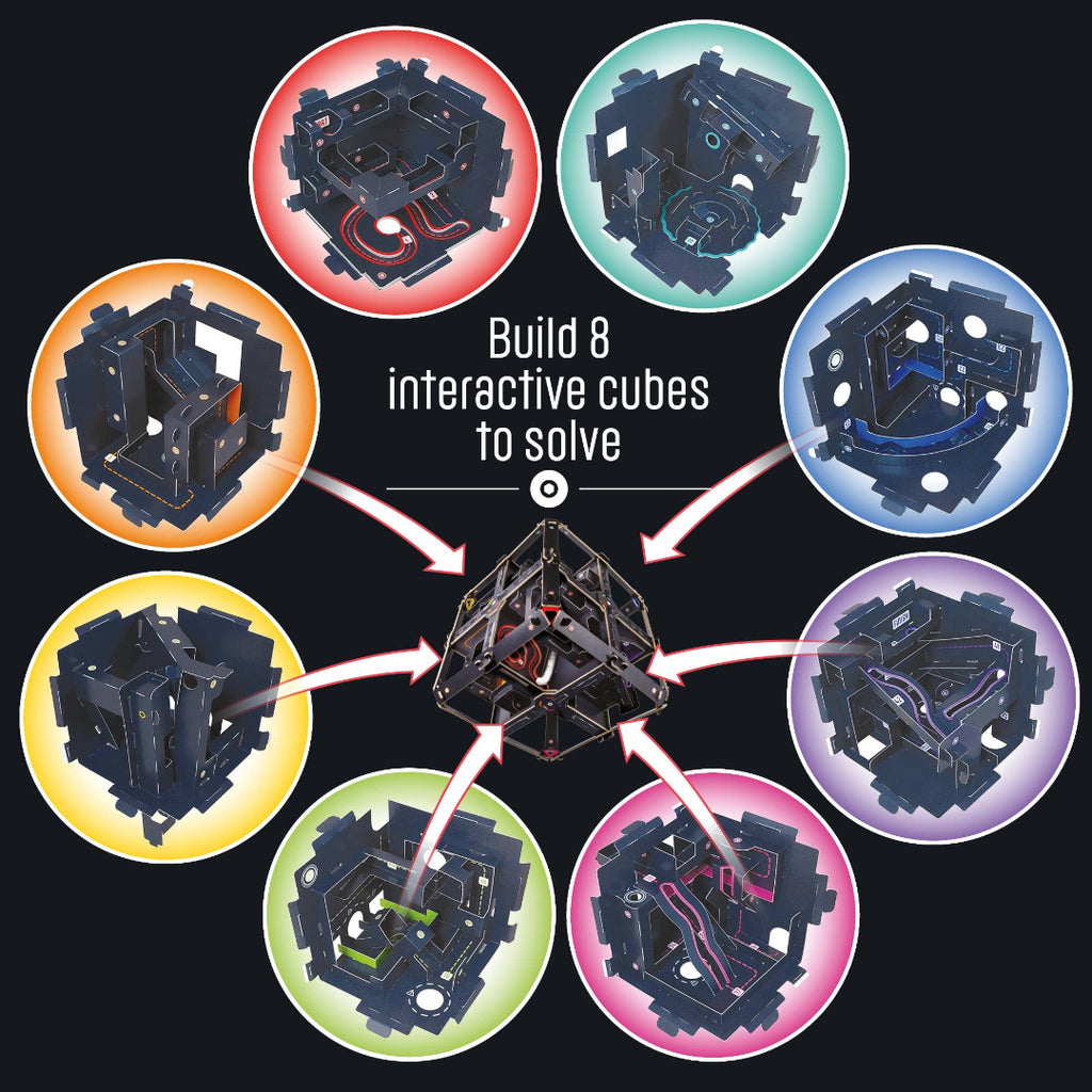 Illustration of eight interlocking puzzle cubes with a central cube and text on a black background.