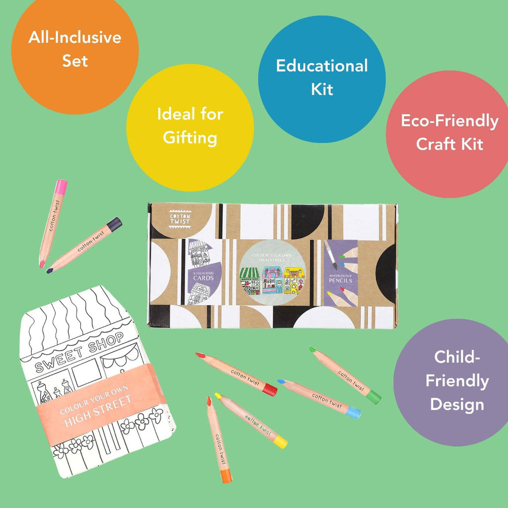 Eco-friendly craft kit with coloring book, markers, and packaging on a green background with text labels.