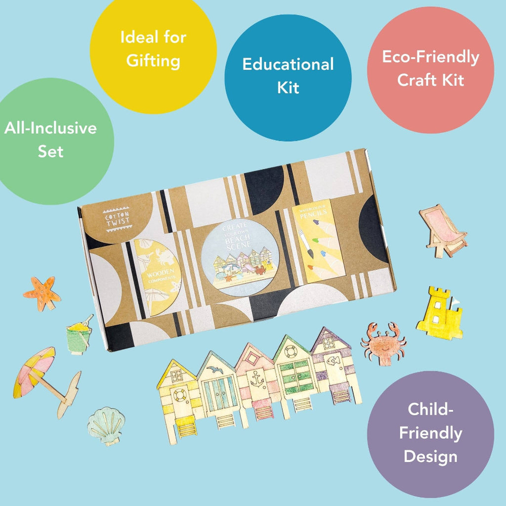 Eco-friendly craft kit packaging with colorful labels on a light blue background