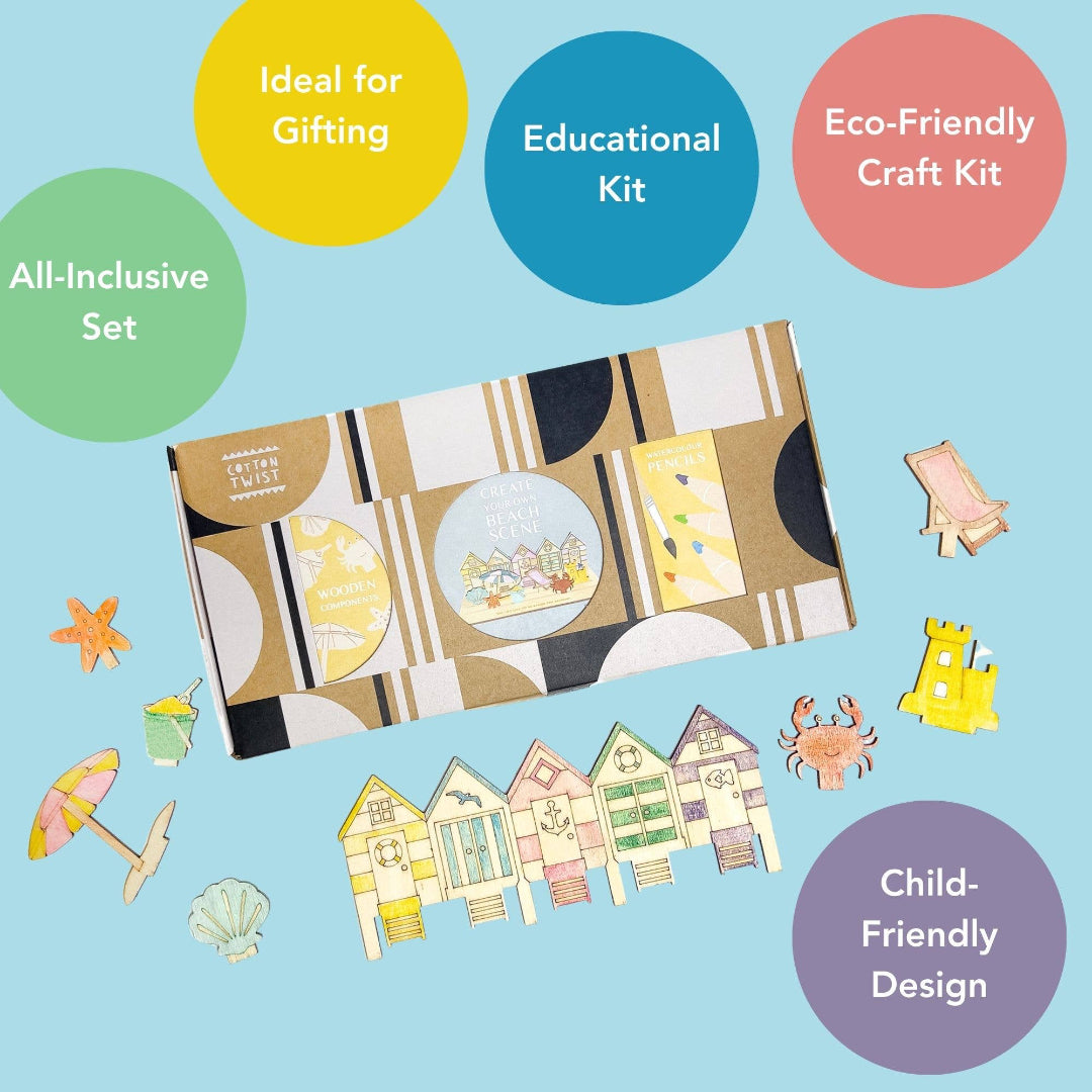 Eco-friendly craft kit packaging with colorful labels on a light blue background