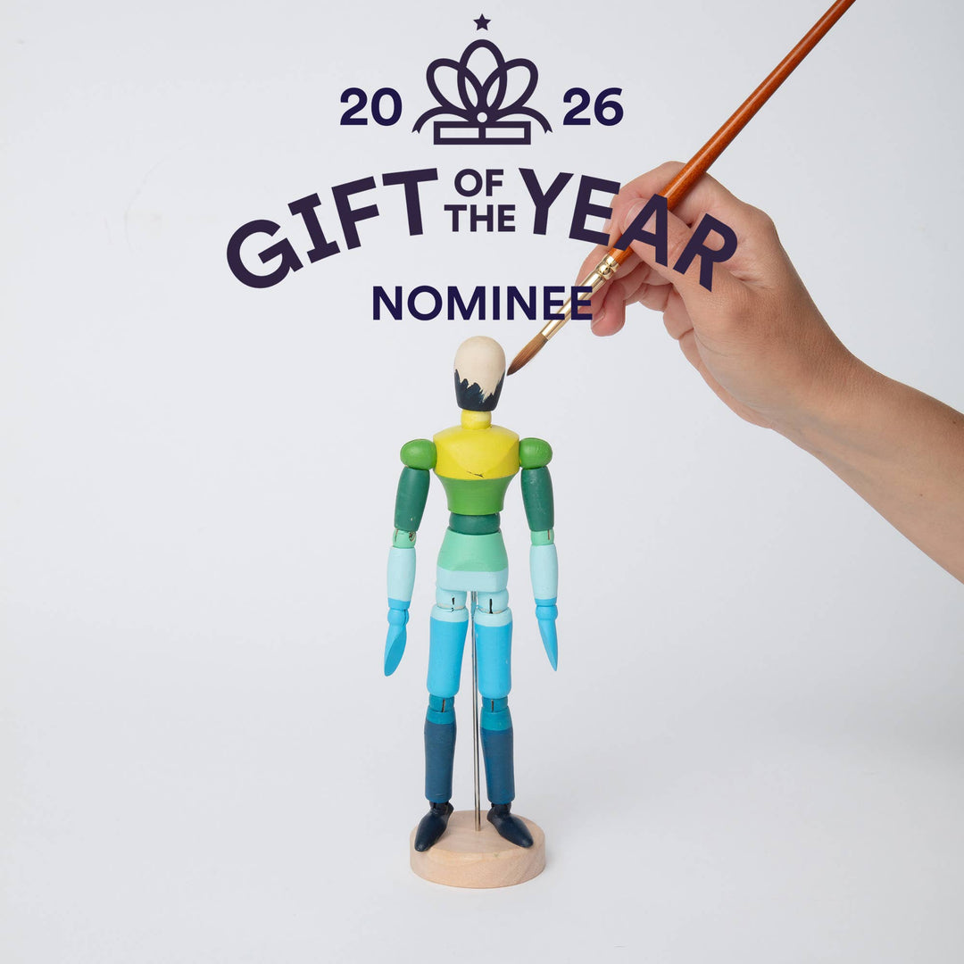 Block Design Paint and Pose kit, a wooden artist's mannequin with 12 paint colours and two brushes, image 2