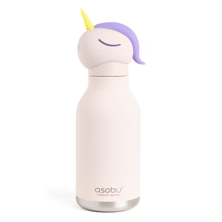 A pale pink Asobu water bottle with a unicorn-themed lid featuring a purple mane, yellow horn, and closed-eyes detail, shown on a white background.