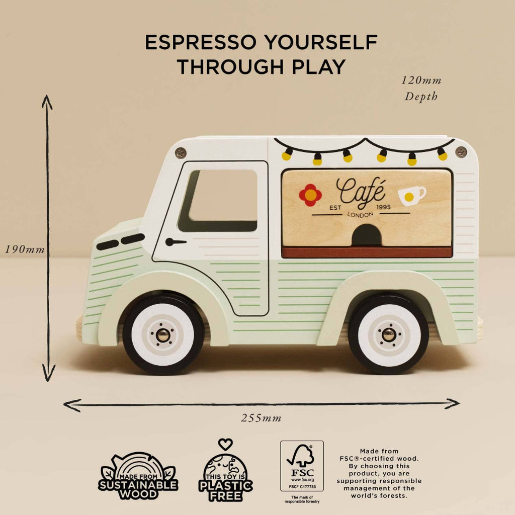 Wooden toy truck with 'Cafe' sign and dimensions on a beige background
