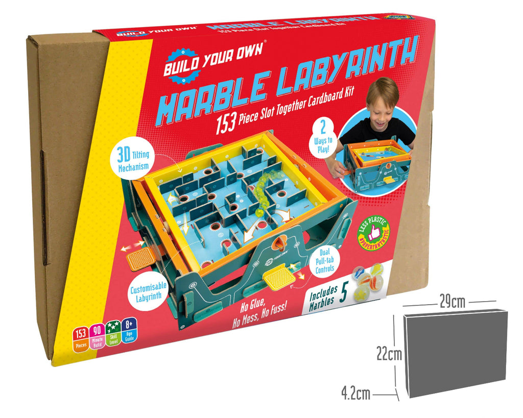 Marble labyrinth kit packaging with dimensions on a white background