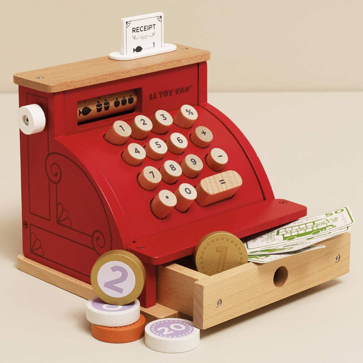 Le Toy Van Wooden Shop Till, Cash Register & Money