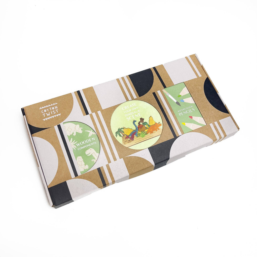Packaged wooden toys with illustrations on a white background