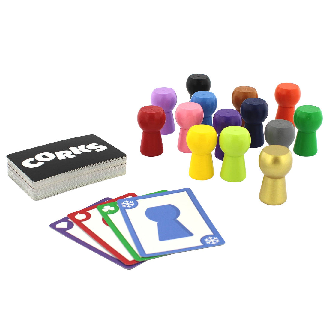 Colorful game pieces and cards on a white background
