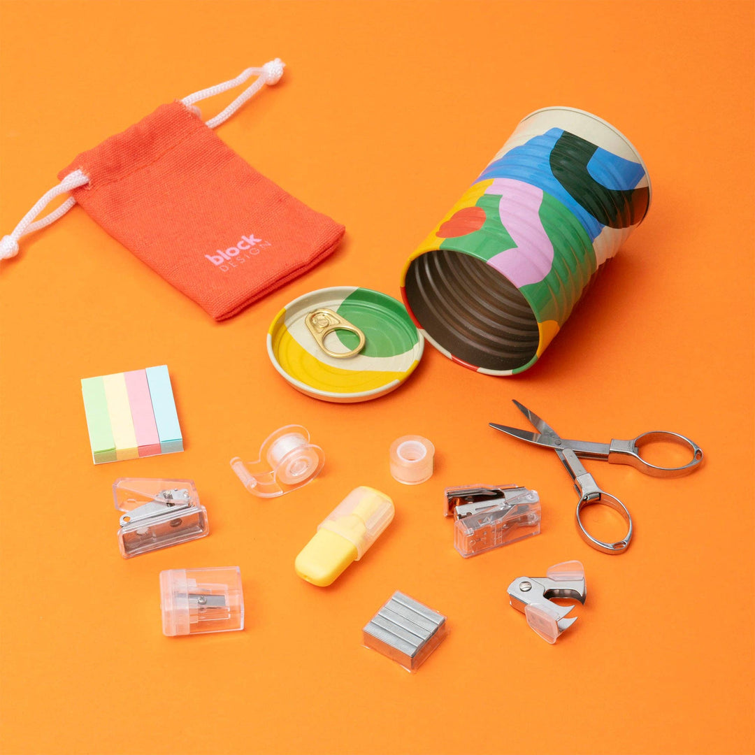 Block Design Tinned Goods desk kit with mini stapler, scissors, tape, sticky notes and more in a baked beans style tin, image 2