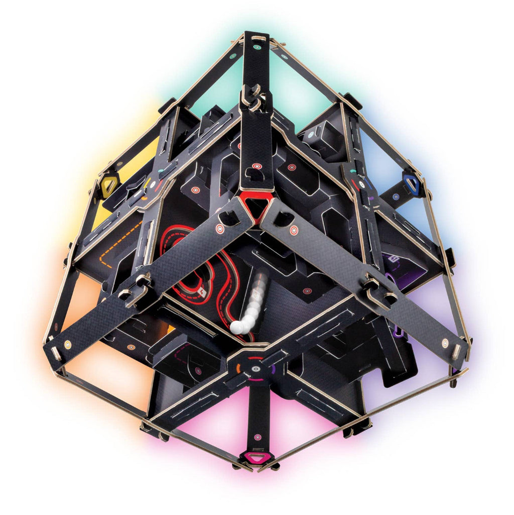 Geometric metal frame with colorful lighting effects on a white background