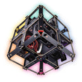 Geometric metal frame with colorful lighting effects on a white background